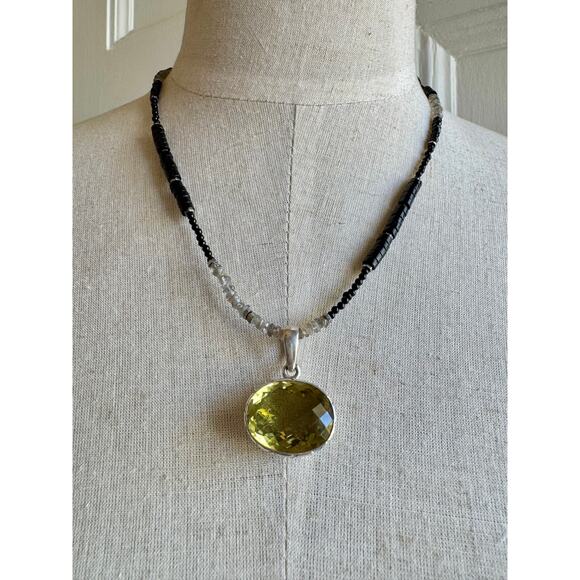 Big Lemon Citrine Carved Silver Pendant Black Onyx Labradorite Beaded Chain 20" - Picture 2 of 6